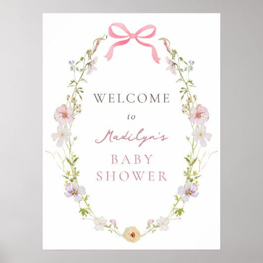 Roze Wildflower Bow Baby shower Welkomstbord Poster (Voorkant)