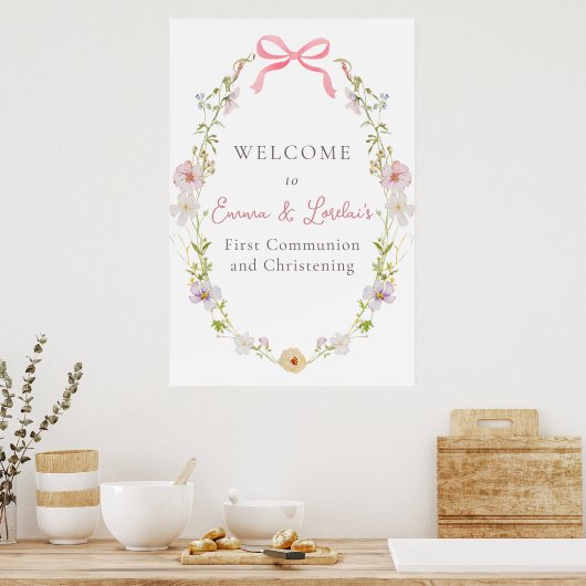 Roze Wildflower Bow Communie Welkomstbord Poster (Keuken)