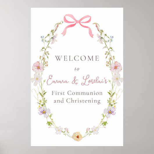 Roze Wildflower Bow Communie Welkomstbord Poster (Voorkant)