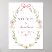 Roze Wildflower Bow Verjaardag Meisje Welkomstbord Poster (Voorkant)