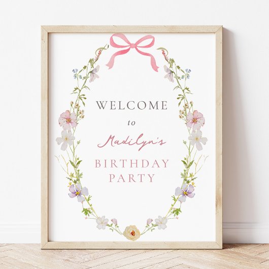 Roze Wildflower Bow Verjaardag Meisje Welkomstbord Poster