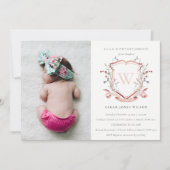 Roze Wildflower Crest Foto eerste Heilige Communie Kaart (Voorkant)