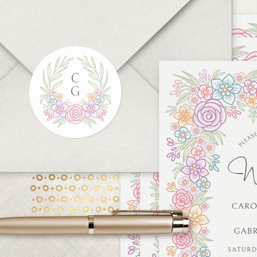 Roze Wildflower Crest krans bruiloft Ronde Sticker