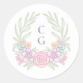 Roze Wildflower Crest krans bruiloft Ronde Sticker (Voorkant)
