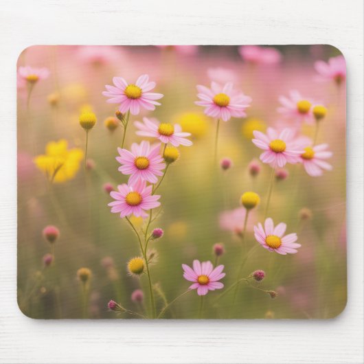 Roze Wildflower Daisy Field Muismat (Voorkant)
