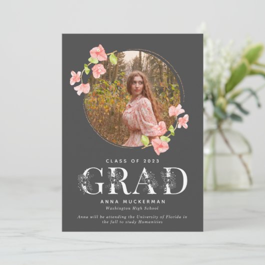 Roze Wildflower Digital High School Afstuderen Aankondiging (Staand voorkant)