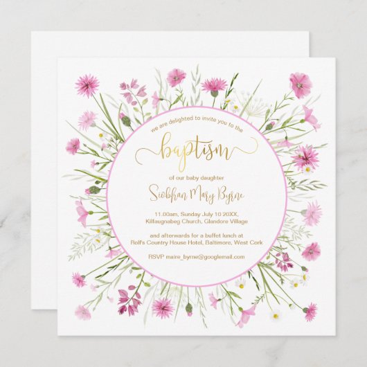 Roze Wildflower Doop Kaart Goud Lettertype (Voorkant / Achterkant)