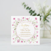 Roze Wildflower Doop Kaart Goud Lettertype (Staand voorkant)
