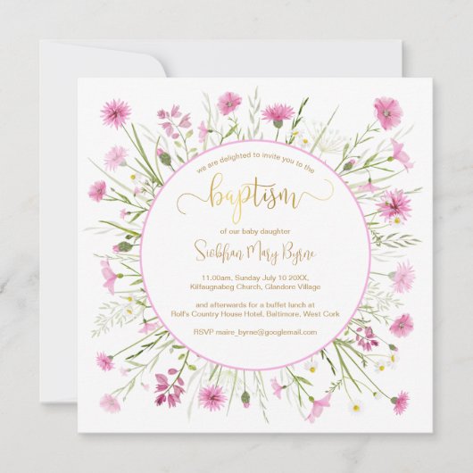 Roze Wildflower Doop Kaart Goud Lettertype (Voorkant)