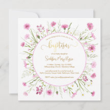 Roze Wildflower Doop Kaart Goud Lettertype