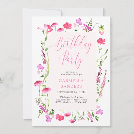 Roze Wildflower Elegant Vrouwelijk Verjaardagsfees Kaart (Voorkant)