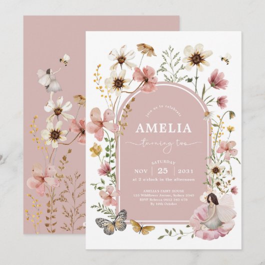 Roze Wildflower Fairy 2e Verjaardag Garden Party Kaart (Voorkant / Achterkant)