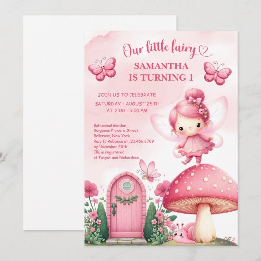 Roze Wildflower Fairy Eerste Verjaardag Tuin Feest Kaart (Voorkant / Achterkant)