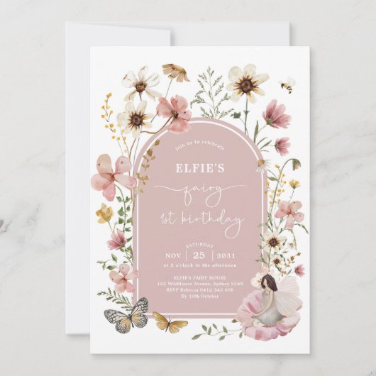 Roze Wildflower Fairy Eerste Verjaardag Tuin Feest Kaart (Voorkant)