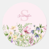 Roze Wildflower Floral gepersonaliseerd Ronde Sticker (Voorkant)