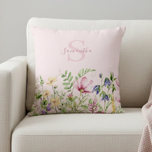 Roze Wildflower Floral gepersonaliseerd Sierkussen (Creator heeft geüpload)
