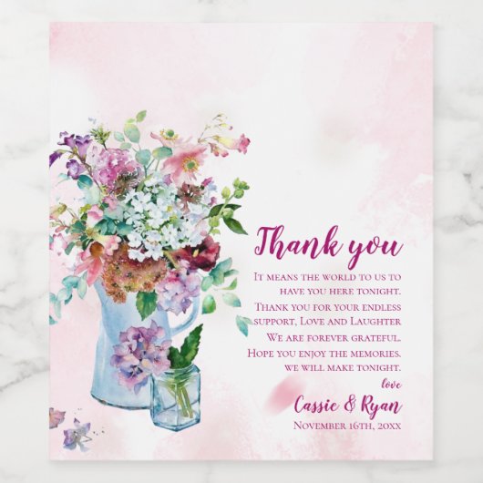 Roze Wildflower Floral Wedding Bedankt Bericht Wijn Etiket (Enkel label)