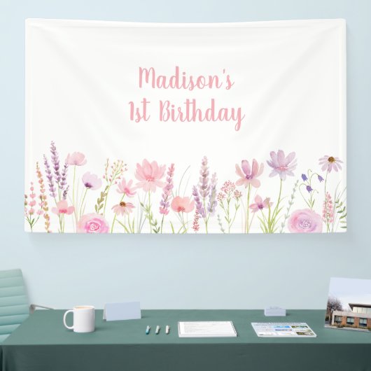 Roze Wildflower Garden Verjaardag Spandoek (Beurs)