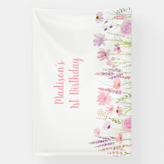 Roze Wildflower Garden Verjaardag Spandoek (Verticaal)