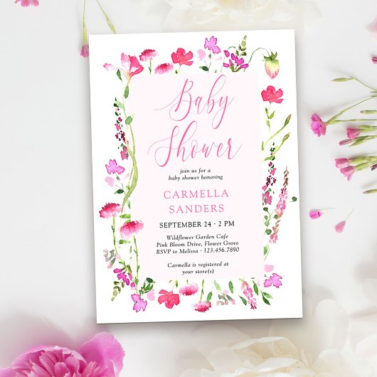 Roze Wildflower Girl Baby shower Dainty Floral IV Kaart