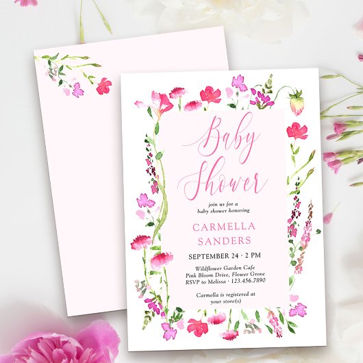 Roze Wildflower Girl Baby shower Dainty Floral IV Kaart