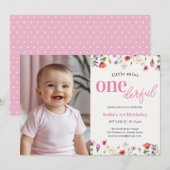 Roze Wildflower Little Miss Onederful 1e verjaarda Kaart (Voorkant / Achterkant)