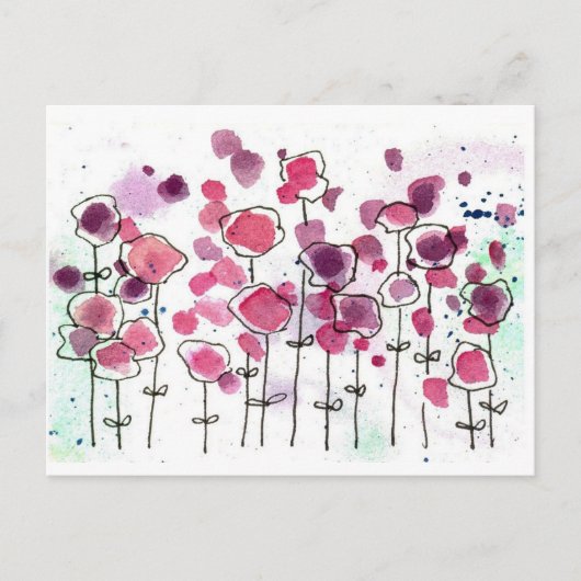 Roze Wildflower Meadow Waterverf Flowers Briefkaart (Voorkant)