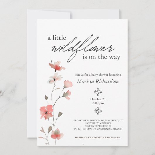 Roze Wildflower Meisje Baby shower Kaart (Voorkant)