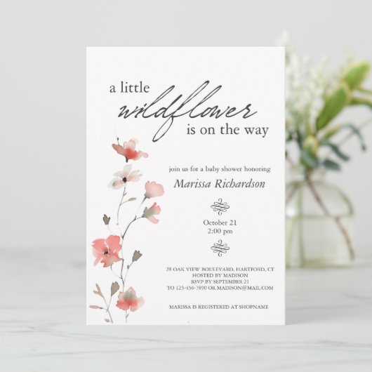 Roze Wildflower Meisje Baby shower Kaart (Staand voorkant)