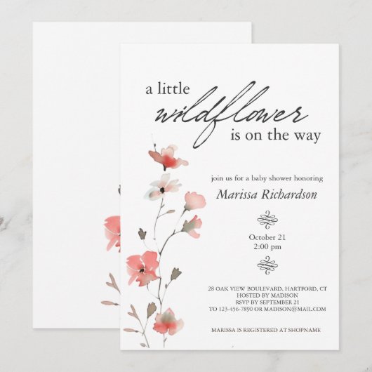 Roze Wildflower Meisje Baby shower Kaart (Voorkant / Achterkant)