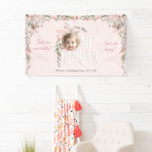 Roze Wildflower Miss Onederful Meisje 1e Verjaarda Spandoek (Insitu)