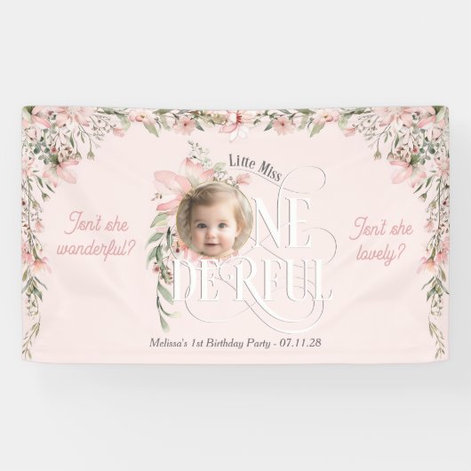 Roze Wildflower Miss Onederful Meisje 1e Verjaarda Spandoek (Horizontaal)