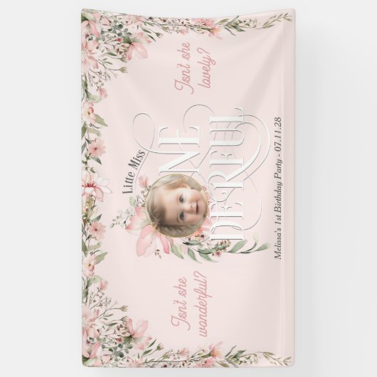Roze Wildflower Miss Onederful Meisje 1e Verjaarda Spandoek (Verticaal)
