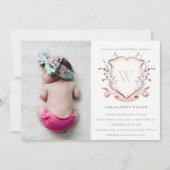 Roze Wildflower Monogram Crest Foto Baptisme Kaart (Voorkant)