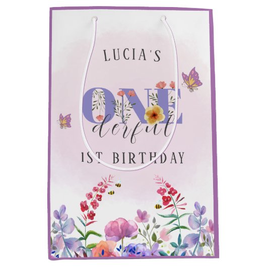 Roze Wildflower Ozful Vlinder en Bijen Medium Cadeauzakje (Voorkant)