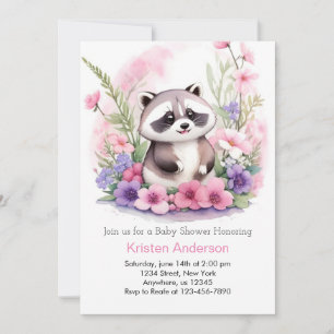 Roze Wildflower Raccoon Meisje Baby shower Kaart