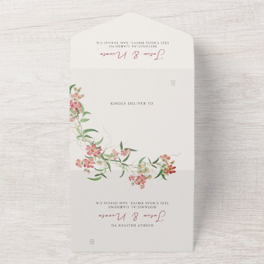 Roze Wildflower Roos Spring Garland Wedding All In One Uitnodiging (Buitenkant)