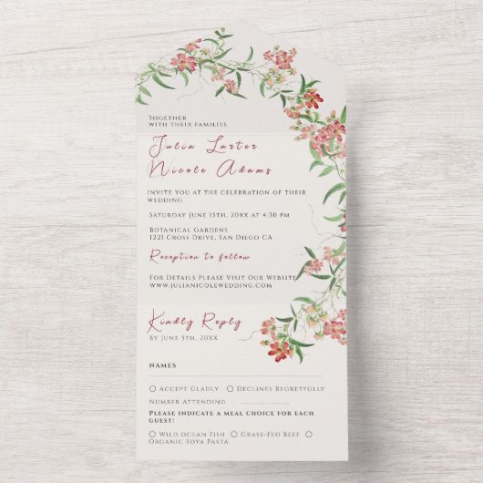 Roze Wildflower Roos Spring Garland Wedding All In One Uitnodiging (Binnen)
