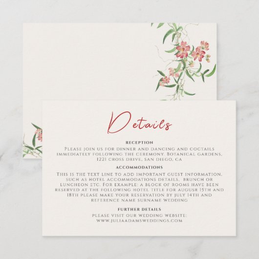 Roze Wildflower Roos Spring Garland Wedding Informatiekaartje (Voorkant / Achterkant)