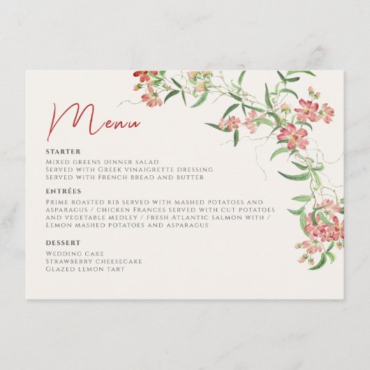 Roze Wildflower Roos Spring Garland Wedding Menu (Voorkant)