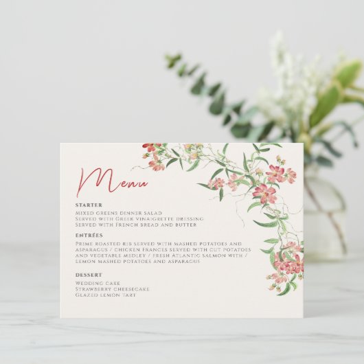 Roze Wildflower Roos Spring Garland Wedding Menu (Staand voorkant)