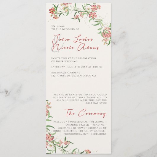 Roze Wildflower Roos Spring Garland Wedding Programmakaart (Voorkant)