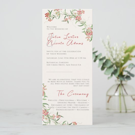 Roze Wildflower Roos Spring Garland Wedding Programmakaart (Staand voorkant)
