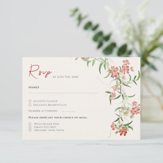 Roze Wildflower Roos Spring Garland Wedding RSVP Kaartje (Staand voorkant)