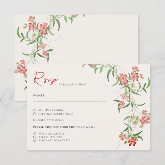 Roze Wildflower Roos Spring Garland Wedding RSVP Kaartje (Voorkant / Achterkant)