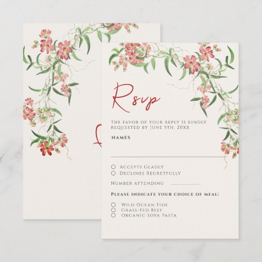 Roze Wildflower Roos Spring Garland Wedding RSVP Kaartje (Voorkant / Achterkant)