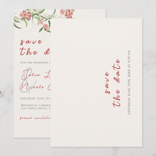 Roze Wildflower Roos Spring Garland Wedding Save The Date (Voorkant / Achterkant)