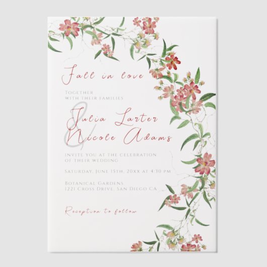 Roze Wildflower Roos Spring Garland Wedding Vellum Uitnodigingen (Voorkant)