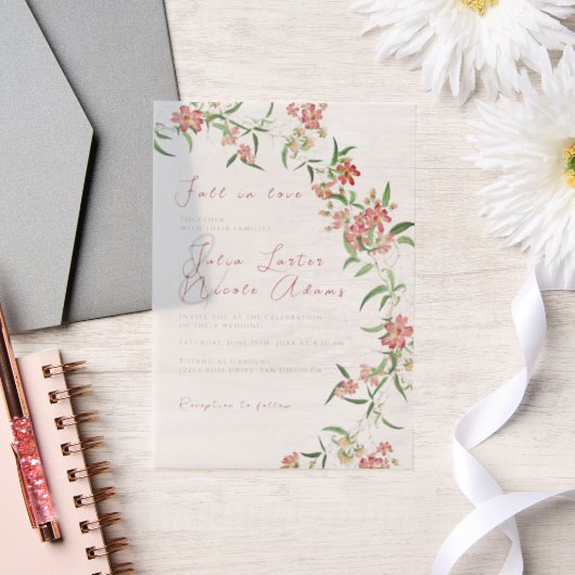 Roze Wildflower Roos Spring Garland Wedding Vellum Uitnodigingen (Huwelijk)