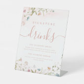 Roze Wildflower rustieke bruiloft Signature Drinke Reclamebord Met Voetstuk (Voorkant)
